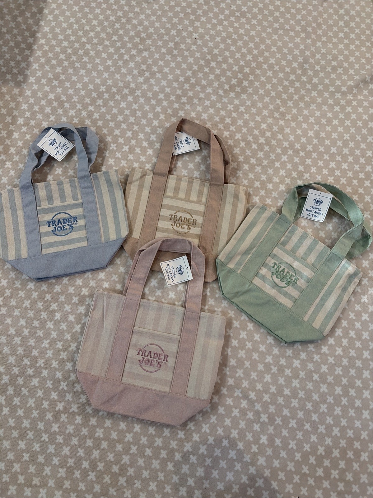 Trader Joe’s Striped Mini Canvas Tote Bag Set 4 Pastel Colors NWT Rare