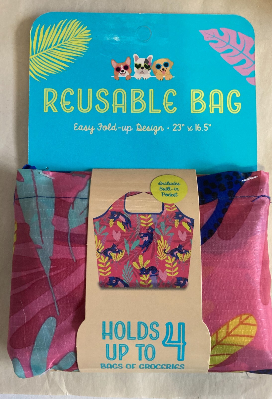 Reusable Grocery Bag 23″ x 16.5″ Pocket Easy Fold Up (C) pink