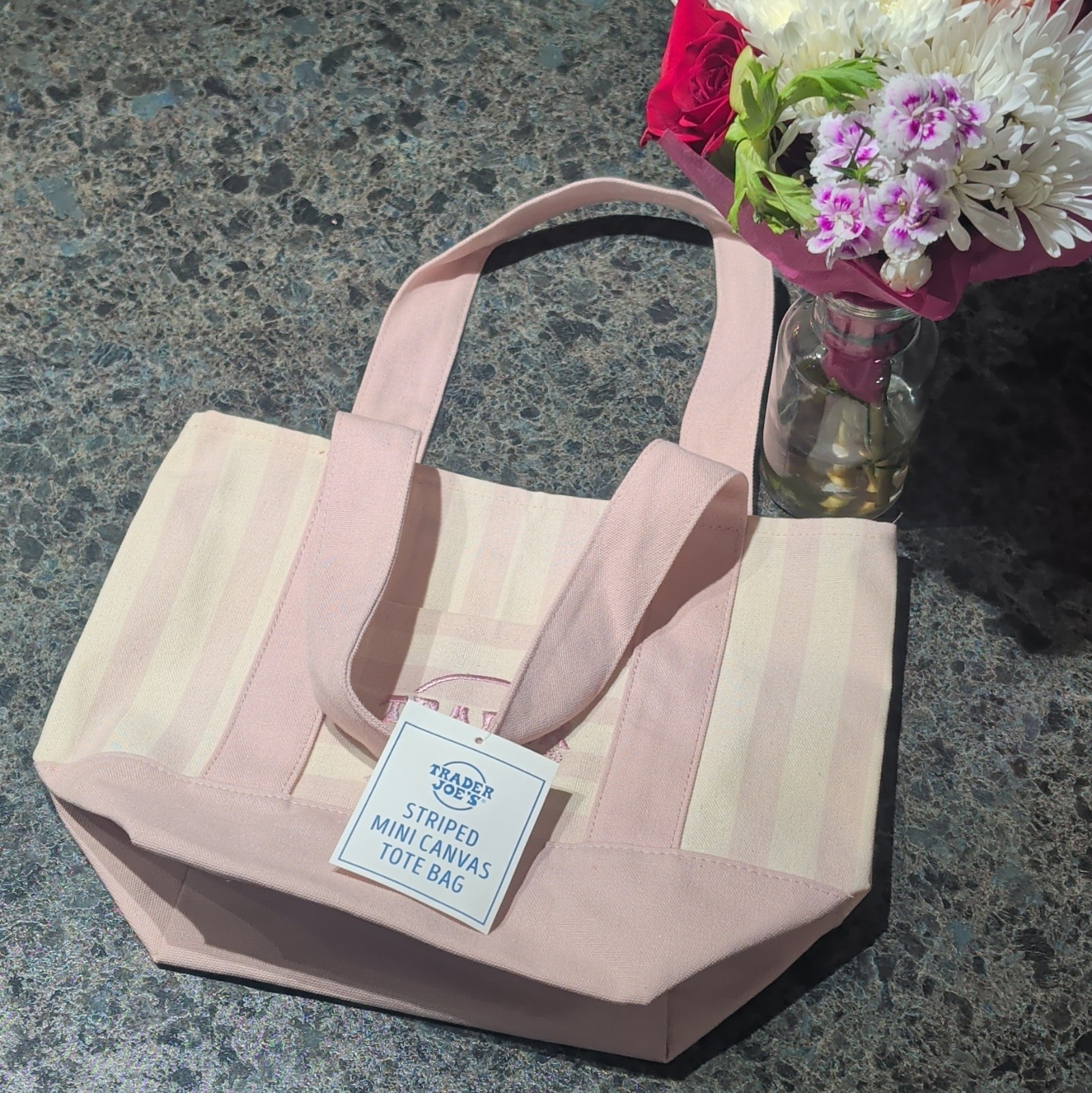 Trader Joe’s Striped Mini Canvas Tote Bag Pink/Beige 12x6x10 in