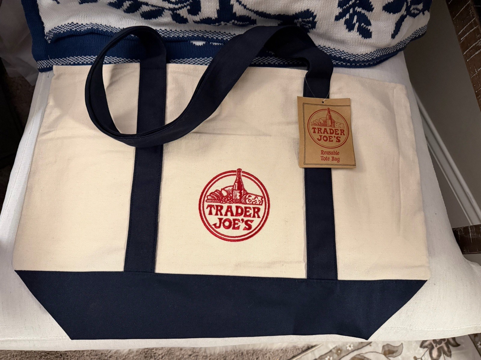 Trader Joe’s Large Tote Bag, Beige Navy Blue – Cotton Blend **AUTHENTIC**