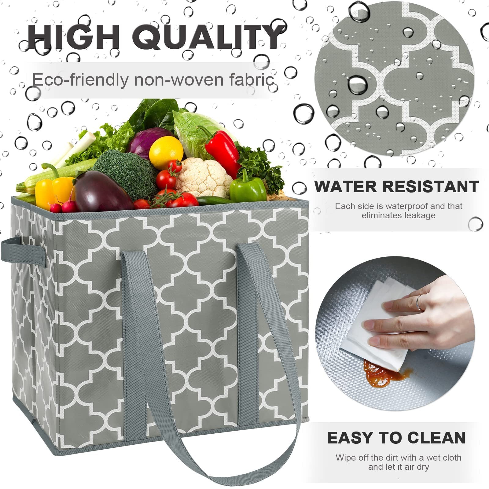 4 PCS Grey Reusable Grocery Bags Foldable Washable Storage Bins Water Resist