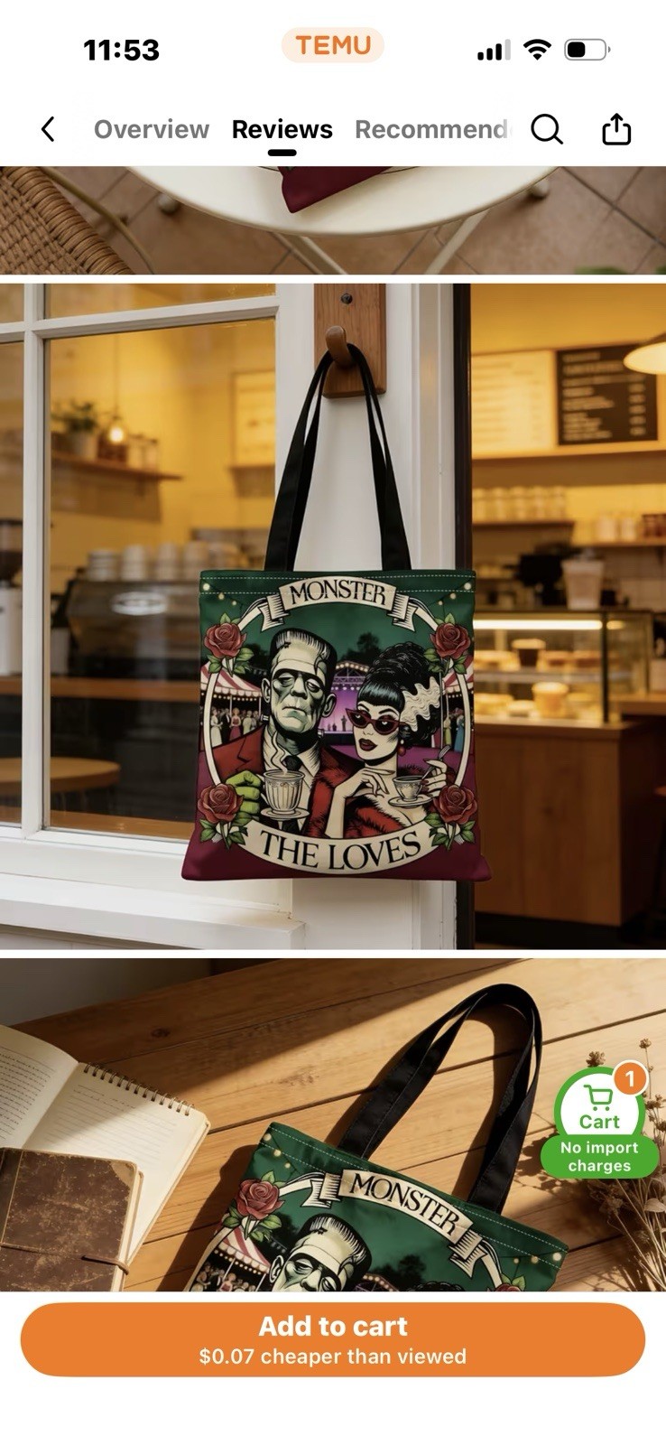 1pc Double-Sided 2D Flat Printing Shopping Tote Bag, Vintage Monster Love