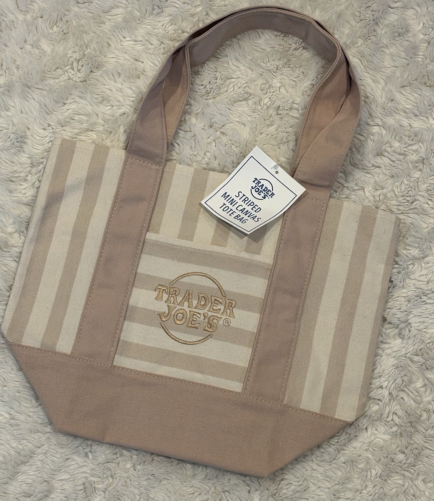 Trader Joe’s Striped Canvas Reusable Tote Bag Beige/Taupe 13.1x6x11 in
