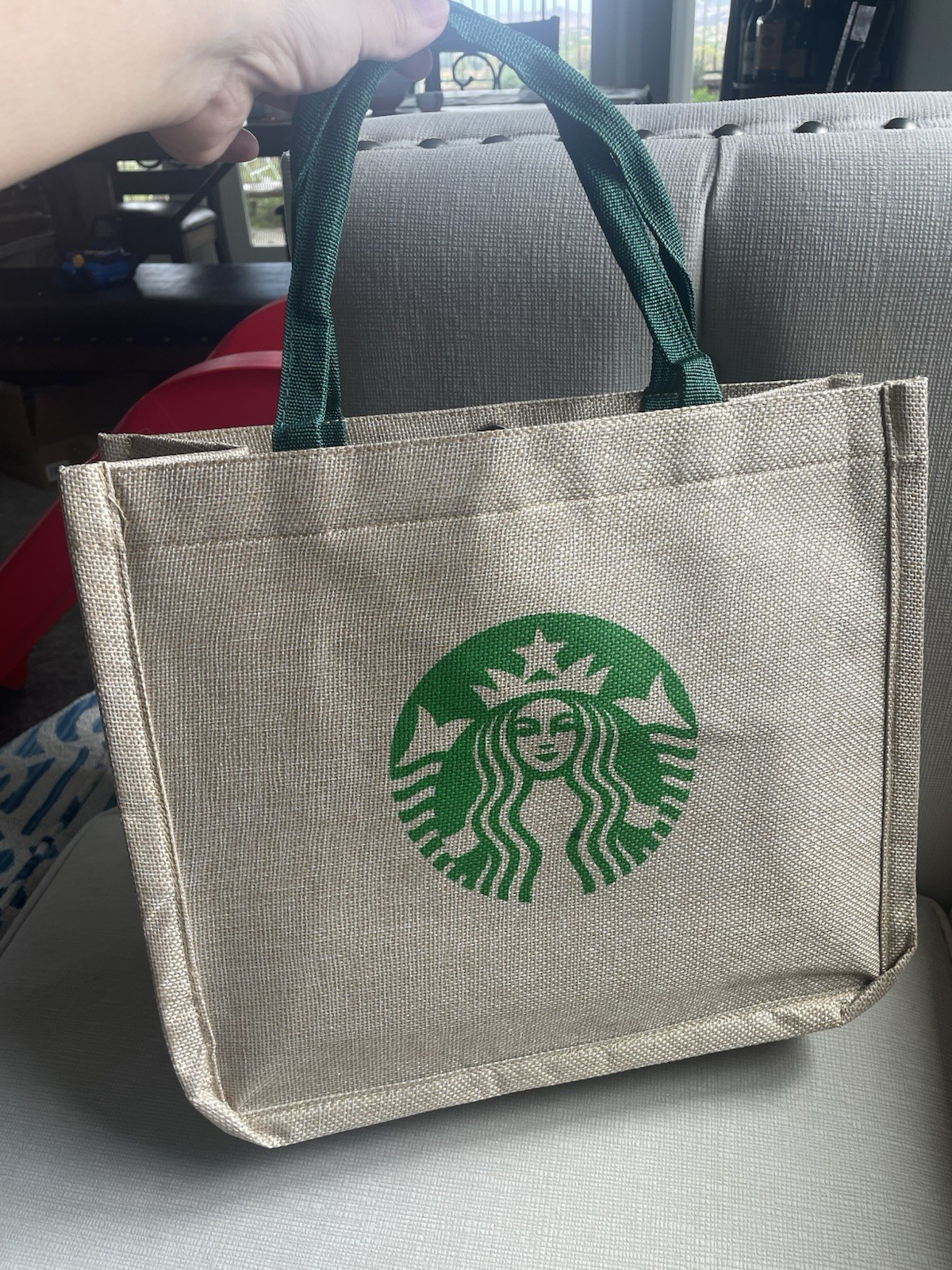 Starbucks Reusable Tote Shopping Bag Beige Green Logo 13x12x16 in