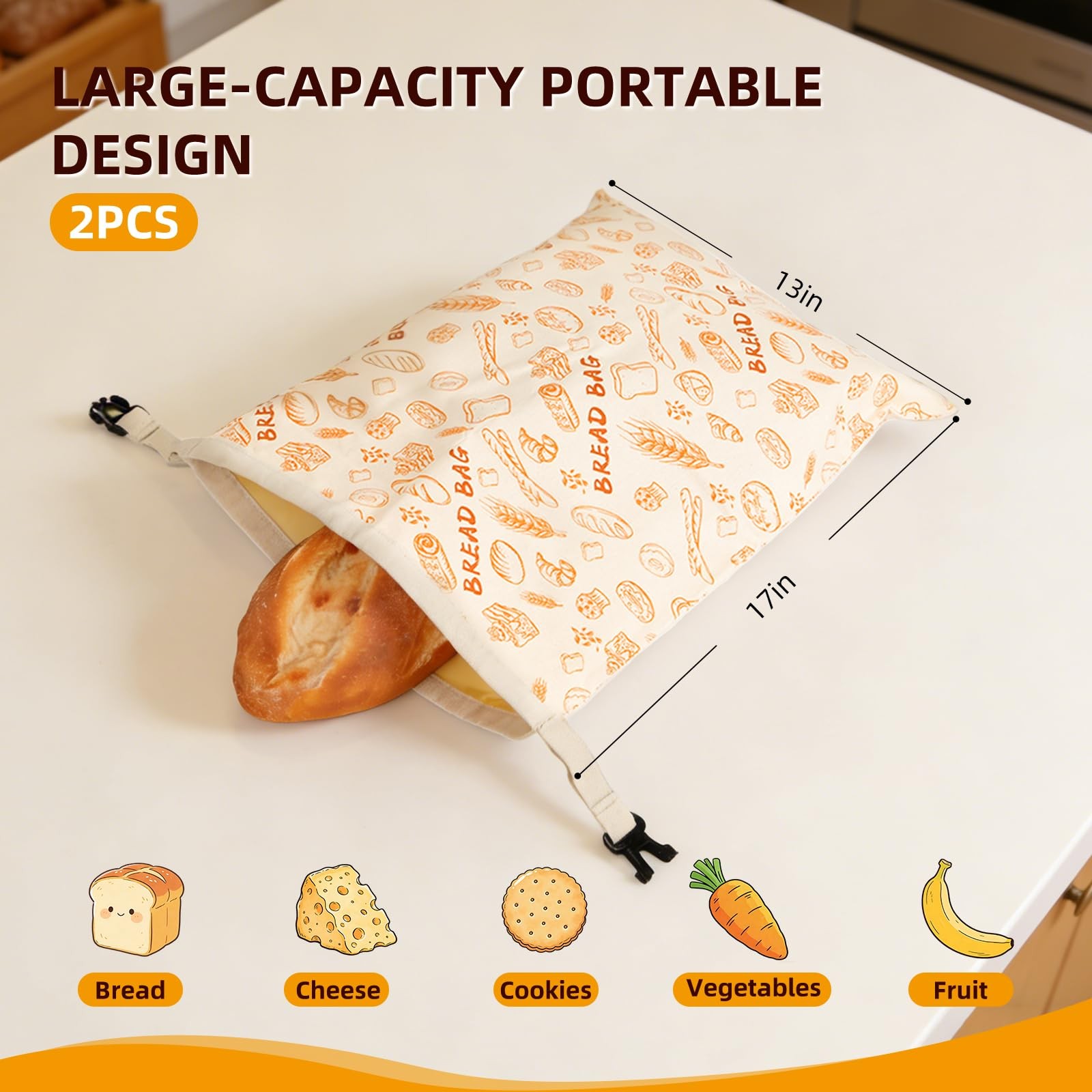 2 Pack Beeswax Bread Bags for Sourdough Homemade Bread, Large, Apricot