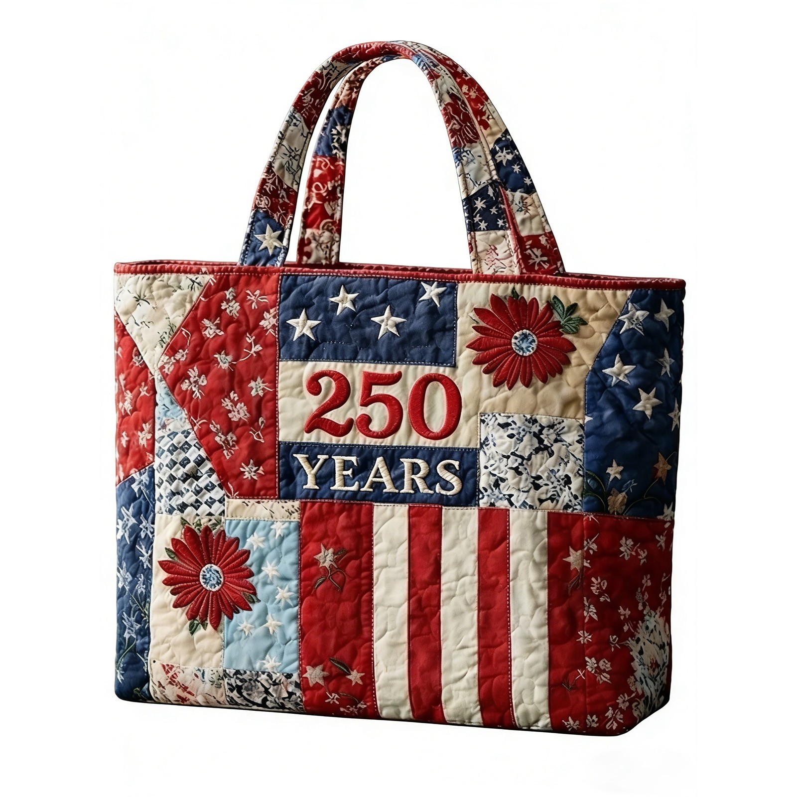 250 Years USA Quilted Tote Bag 4th of July Patriotic Embroidered Floral Tote