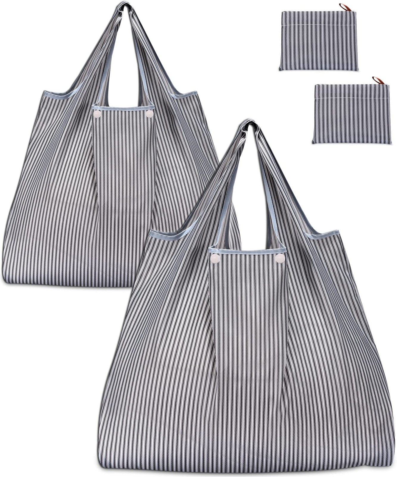 KINGMAS Reusable Grocery Bags, Eco-Friendly Folding Tote Large, Gray Stripe