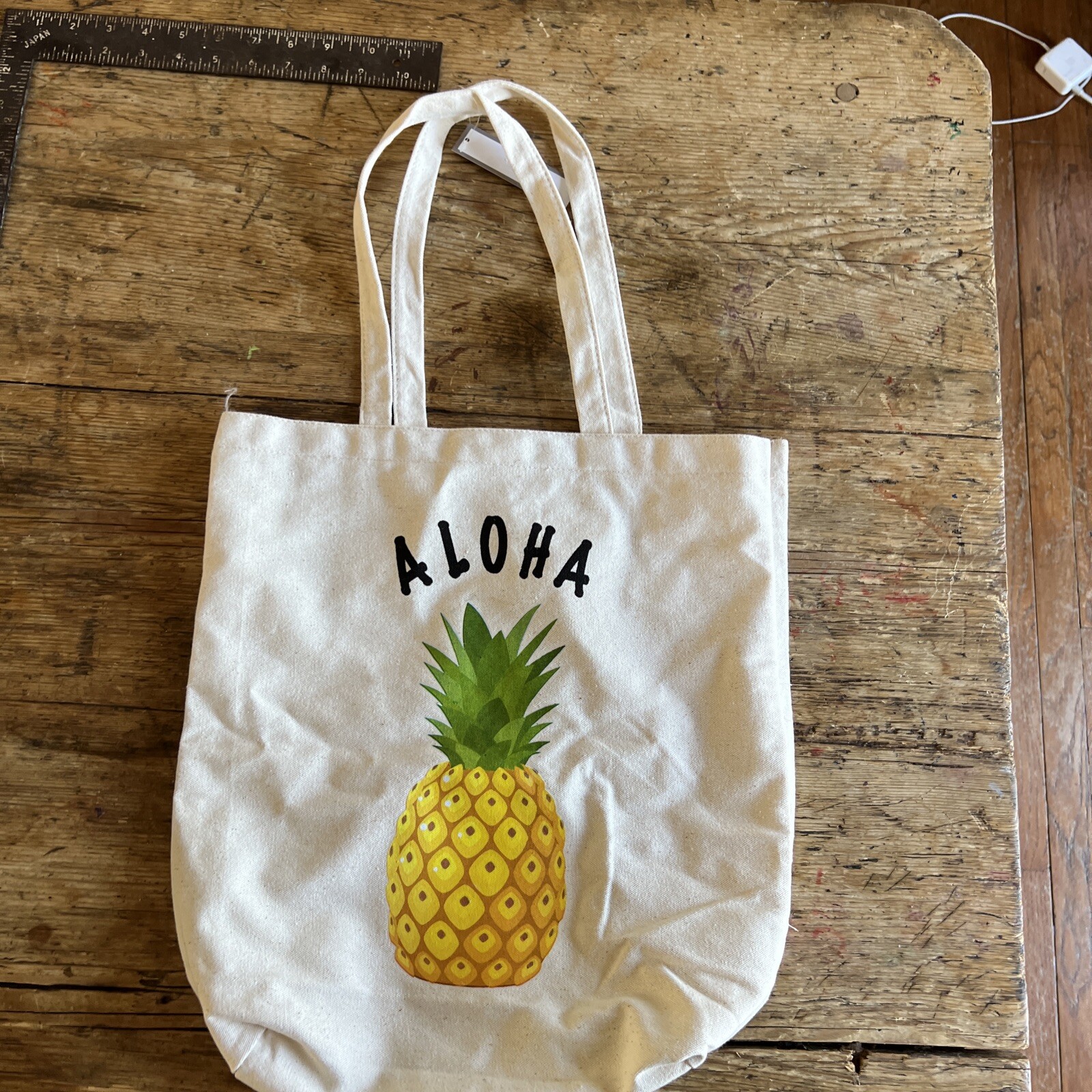 NWT Aloha Pineapple Hawaii Ivory Canvas Reusable Shopping Tote Bag