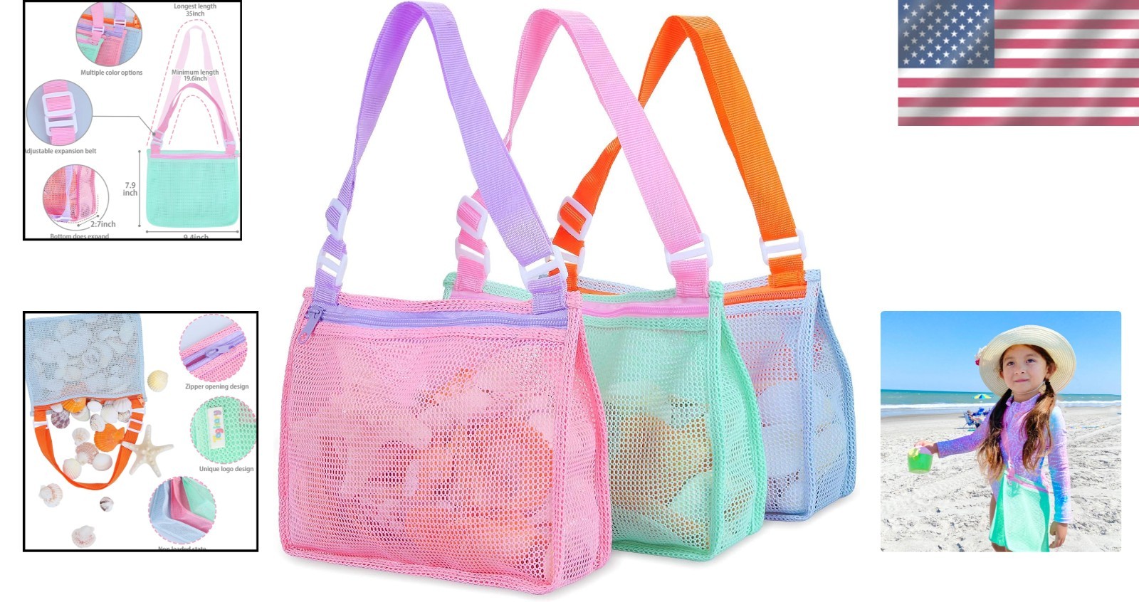 Beach Toy Mesh Beach Bag Kids Shell Collecting Bag Sand Toy Seashell Bag Wate…