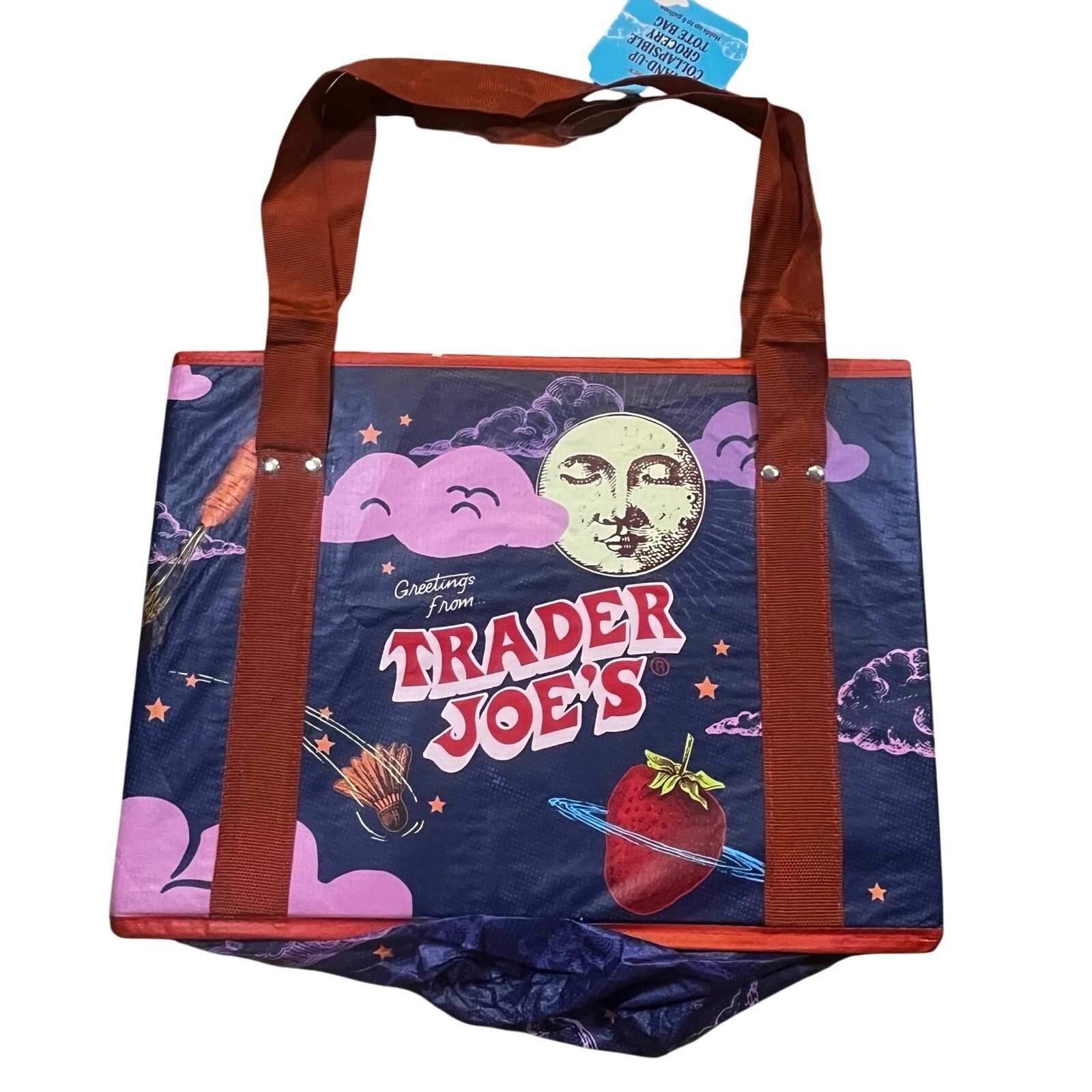 Trader Joe’s Stand-Up Collapsible Grocery Tote Bag Two Sided Moon Strawberry