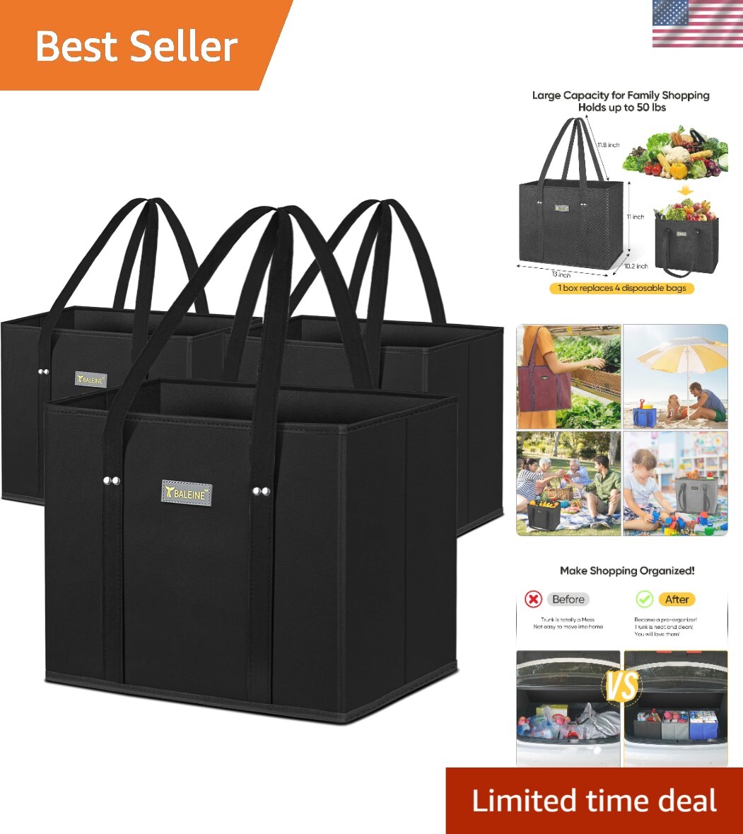 Spacious Black Shopping Bags – 3-Pack Foldable Reusable Tote for Easy Carrying
