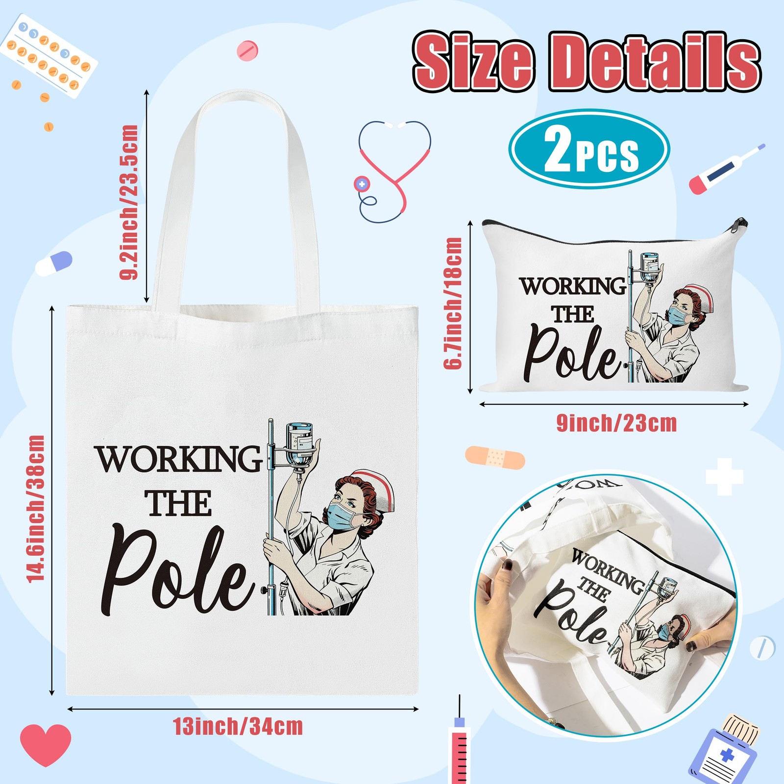 Nurse Canvas Bags – 2Pcs Working The Pole Canvas Tote Bag Cosmetic Pouch, Reu…
