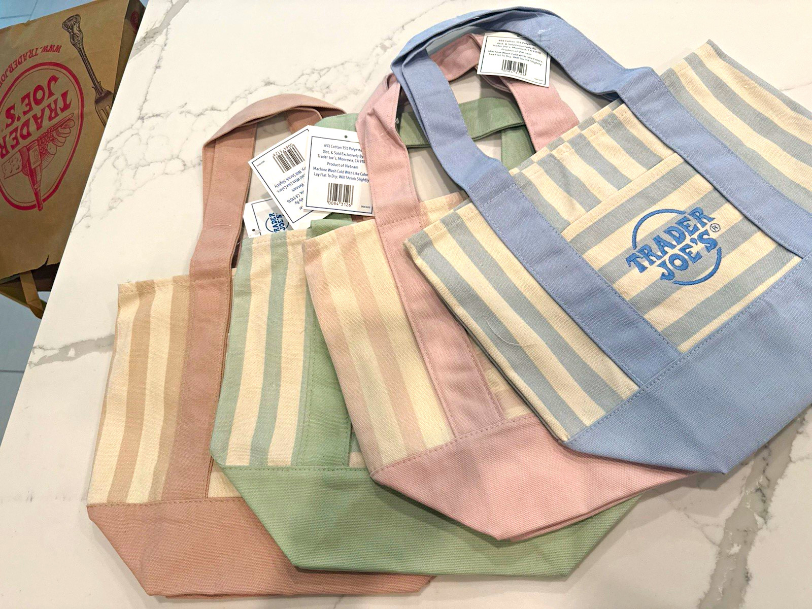 Trader Joe’s Striped Reusable Tote Bag Multicolor, 11-15 in L, 6 in H/W