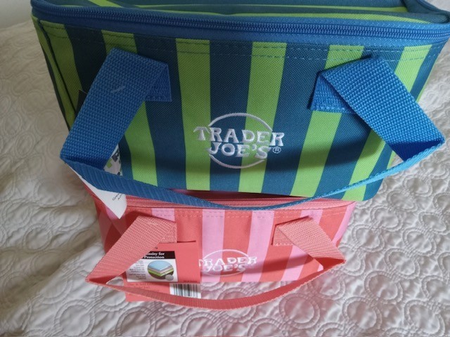Trader Joes mini insulated bag red and pink stripes and Blue and green SET of 2
