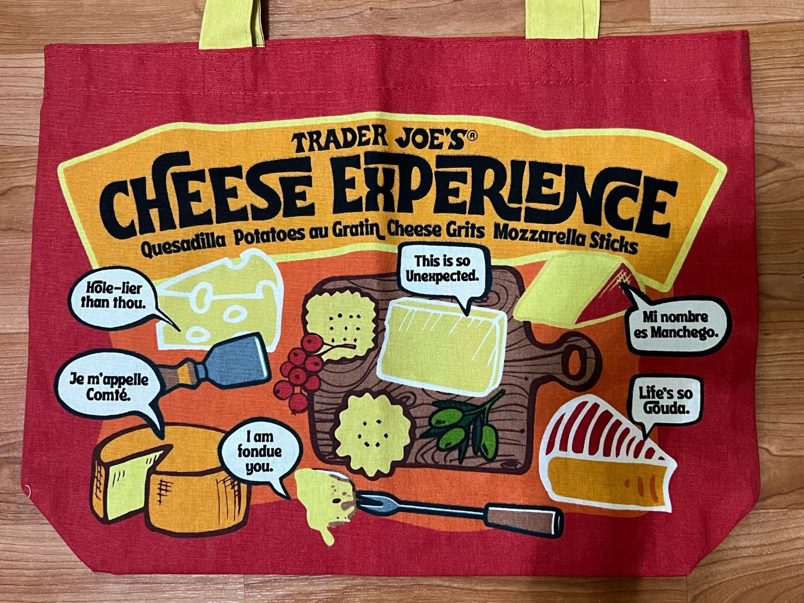 Trader Joes Cheese Adventures Experience Cotton Tote Bag Red Yellow