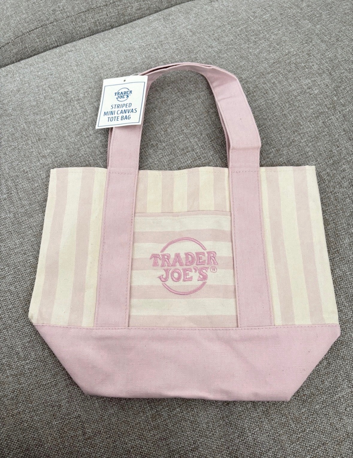 **Authentic** Trader Joe’s Mini Canvas Tote Bag Striped PINK 13 x 6 x 11 in