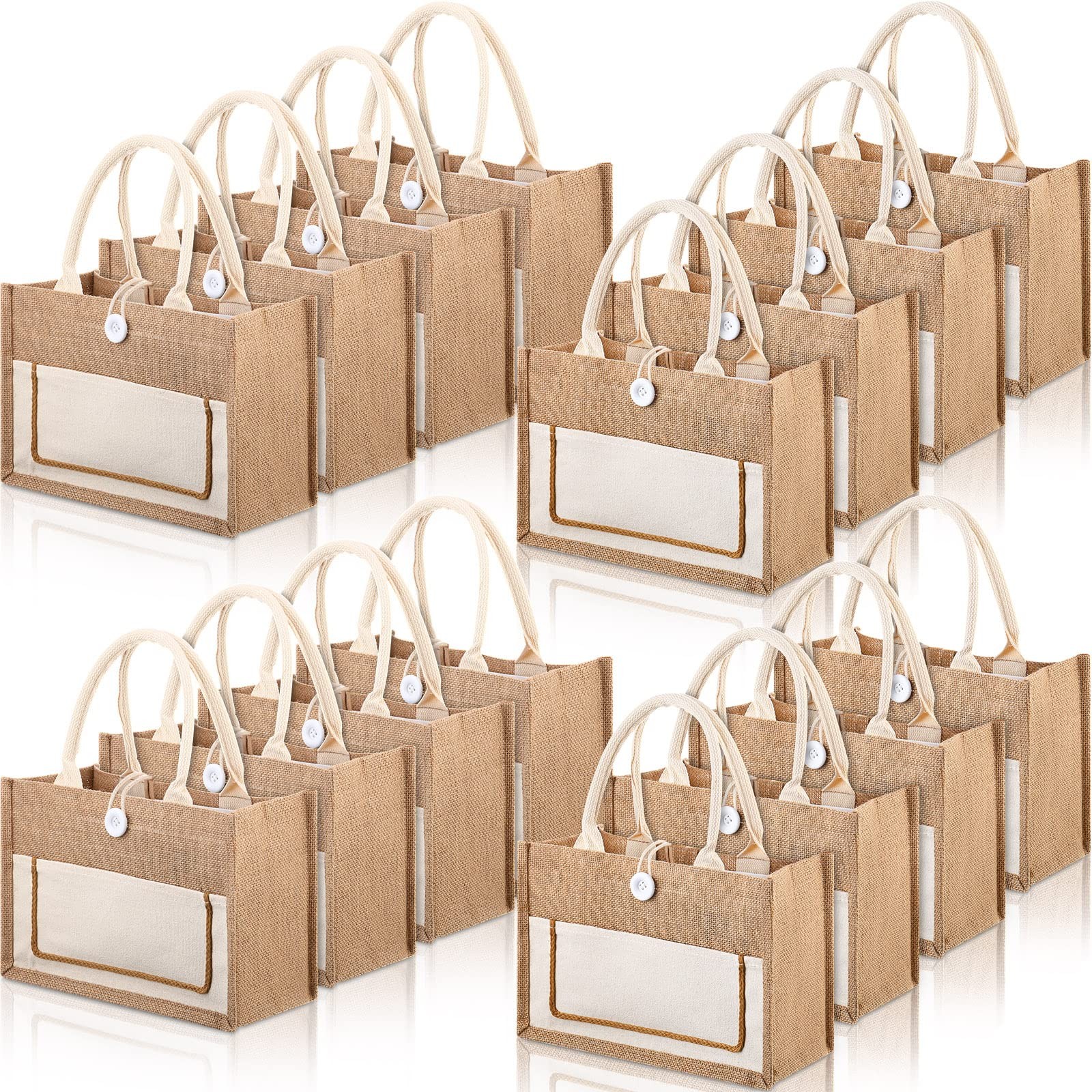 Reginary 16 Pcs Jute Burlap Totes Jute Tote Bags Reusable Burlap Beach Bags w…