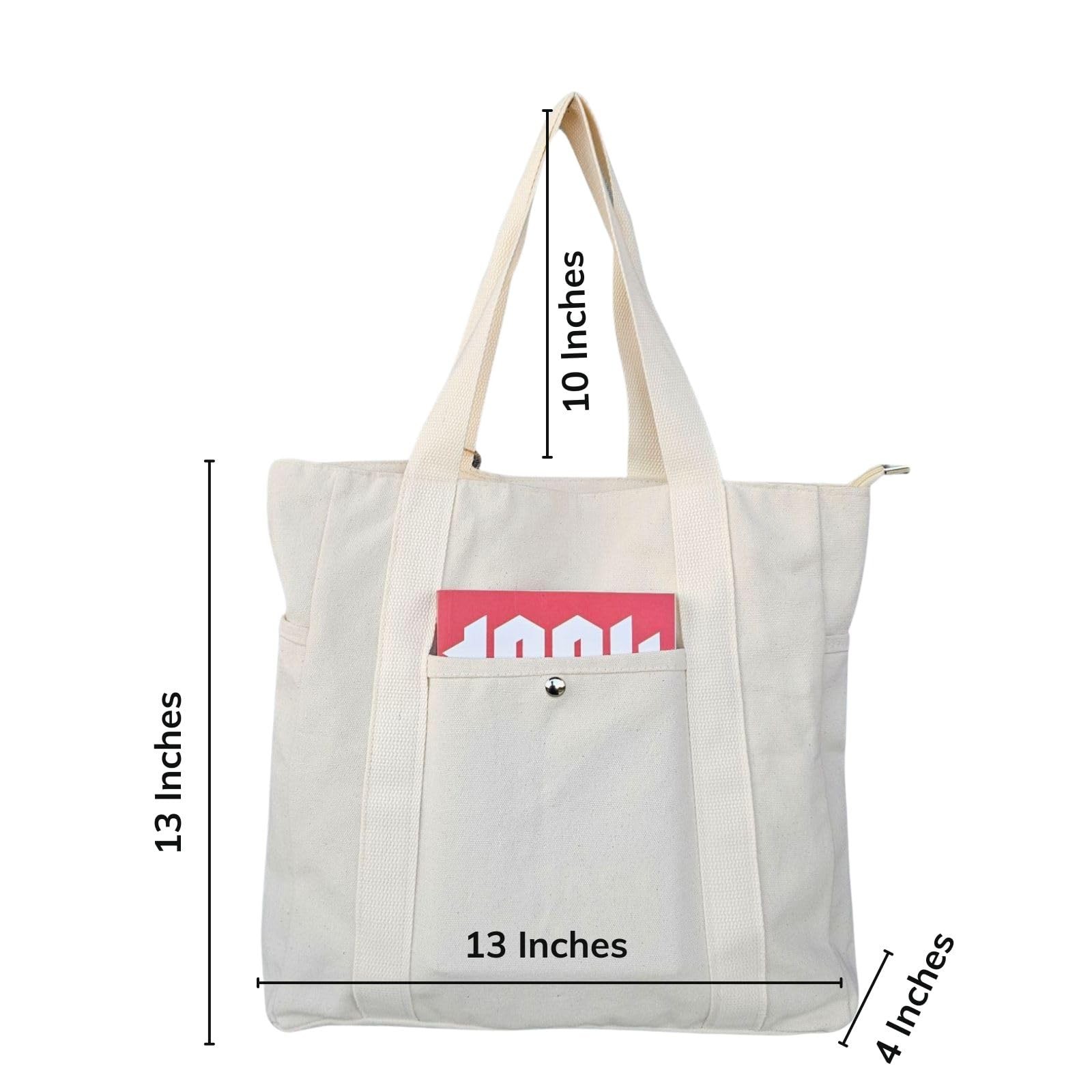 Canvas Grocery Tote Bag – 12oz Heavy Cotton, Zipper Top, Front & Side Pockets…