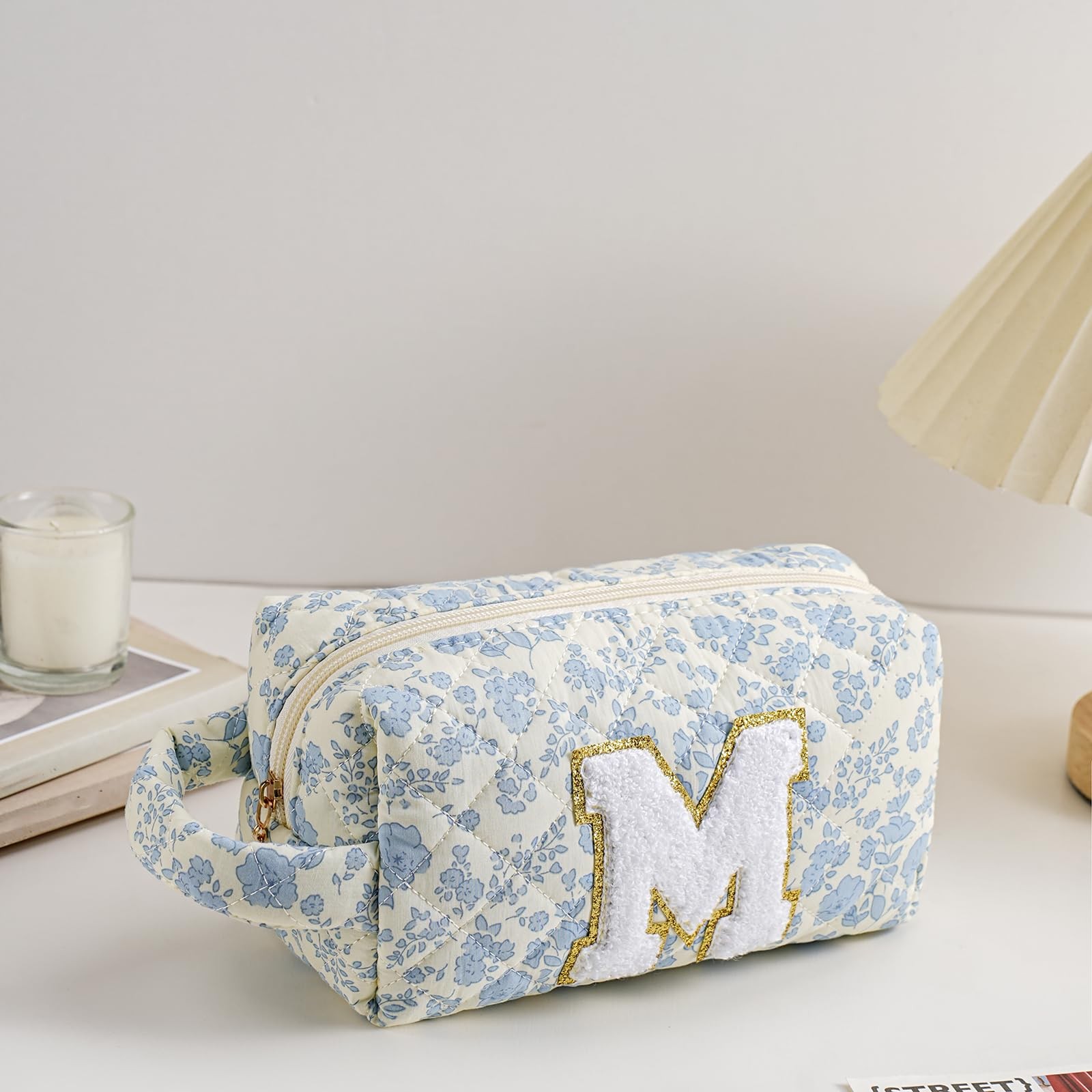 JOVAKIT Alphabet Makeup Bag Cosmetic 9.06 x 3.54 x 4.33 inches, Blue Floral