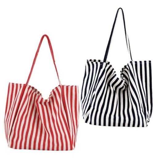 2 Pcs Lightweight Soft Casual Striped Canvas Shopping Tote Bags with Inner
