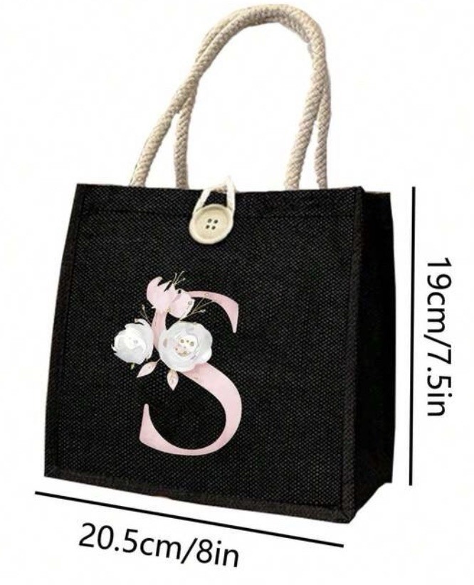 Black Floral Tote Shopping Bag Button Closure Rope Handles 20.5cm x 19cm