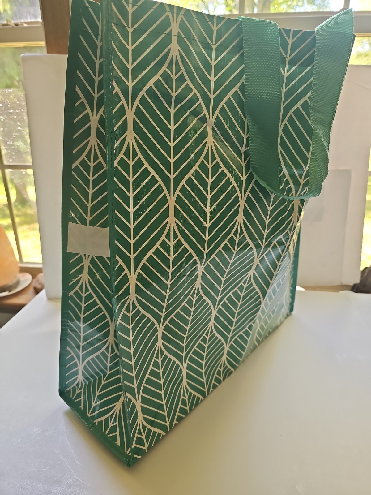 DG Reusable Shopping Tote Bag Size 6x18x19″ Teal Green White Geometric Large