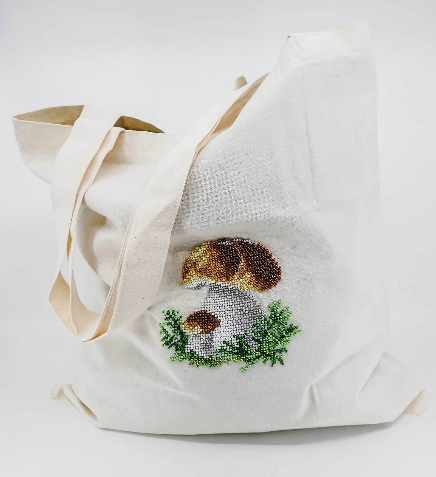 BEAD EMBROIDERY MUSHROOM FORAGING REUSABLE SHOPPING TOTE BAG MADE IN UKRAINE