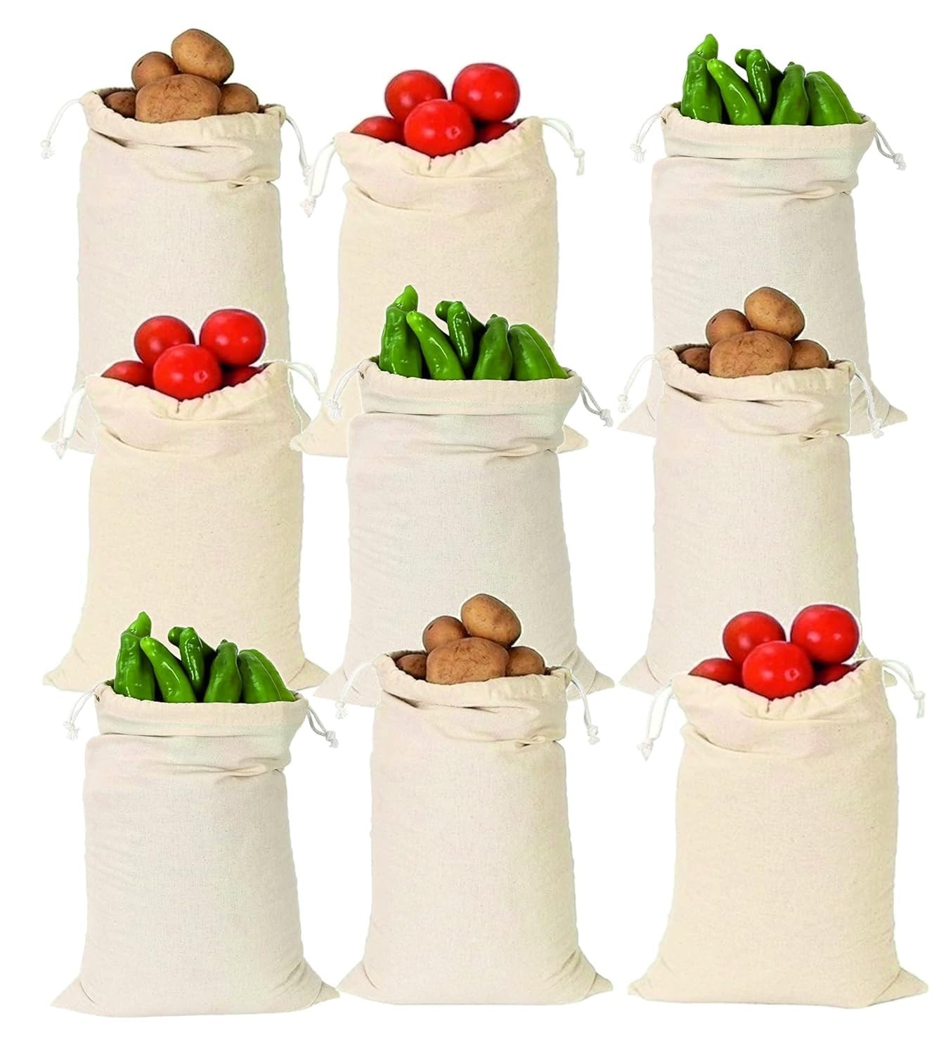 SONU COMMERCIAL 9 Big Size Muslin Cotton Kitchen Storage Bags Variety, Beige