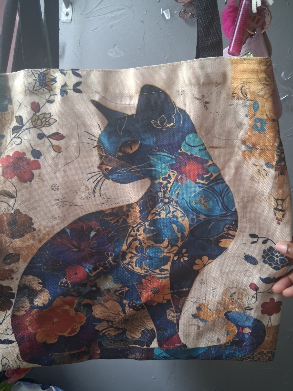 Reusable Floral Cat Graphic Tote Bag Beige/Blue Multicolor 20x6x6 in