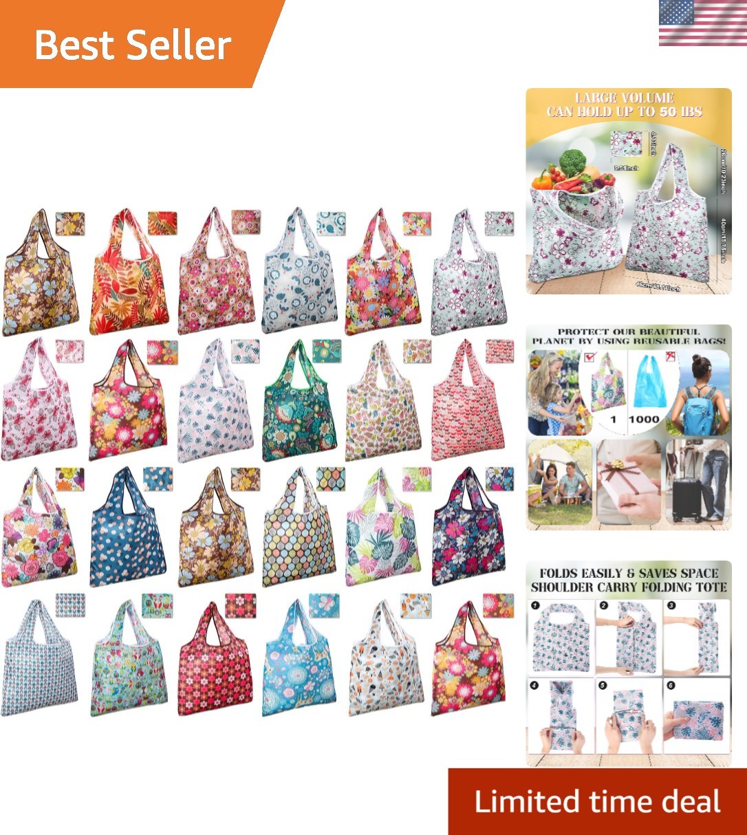 Reusable Shopping Bags Set – 24 Lightweight Floral Totes for Grocery