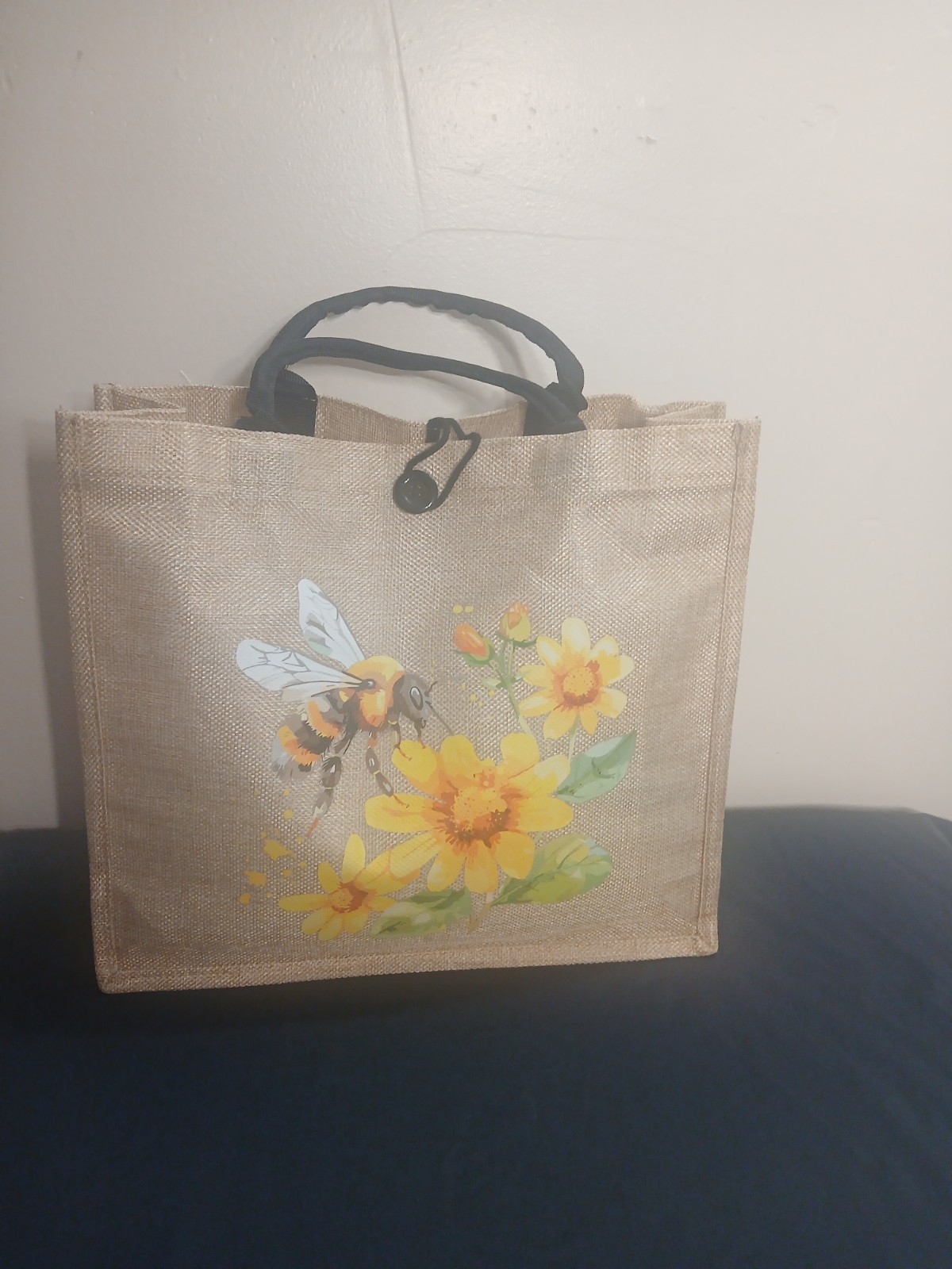 Foldable Canvas Reusable Shopping Bag, Floral Bee Print, Beige Yellow Black