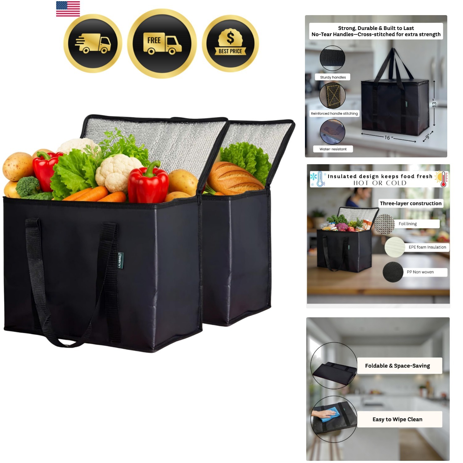 2-Pack Insulated Reusable Grocery Bags – Large Cooler Tote for Cold & Hot Foo…