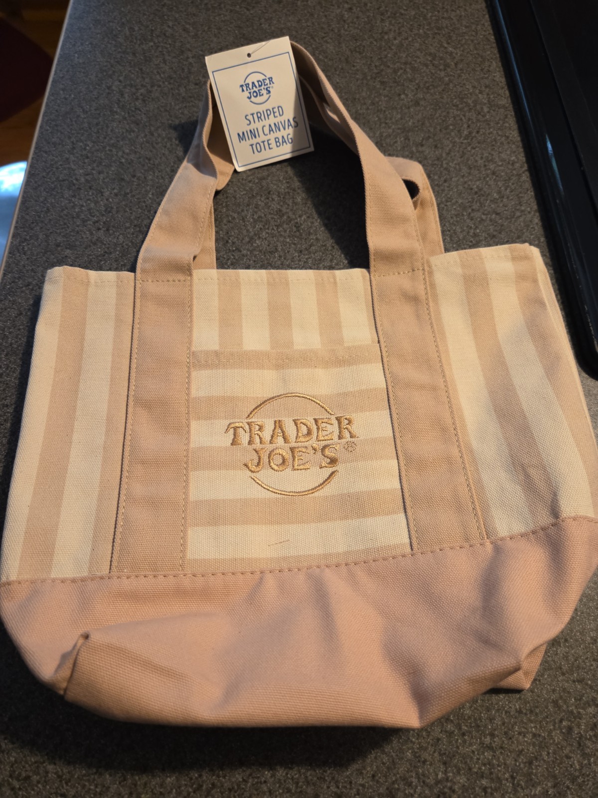 Trader Joes TAN Striped Mini Canvas Tote Bag Rare NWT 2026 Free Gift 🎁Fast Ship
