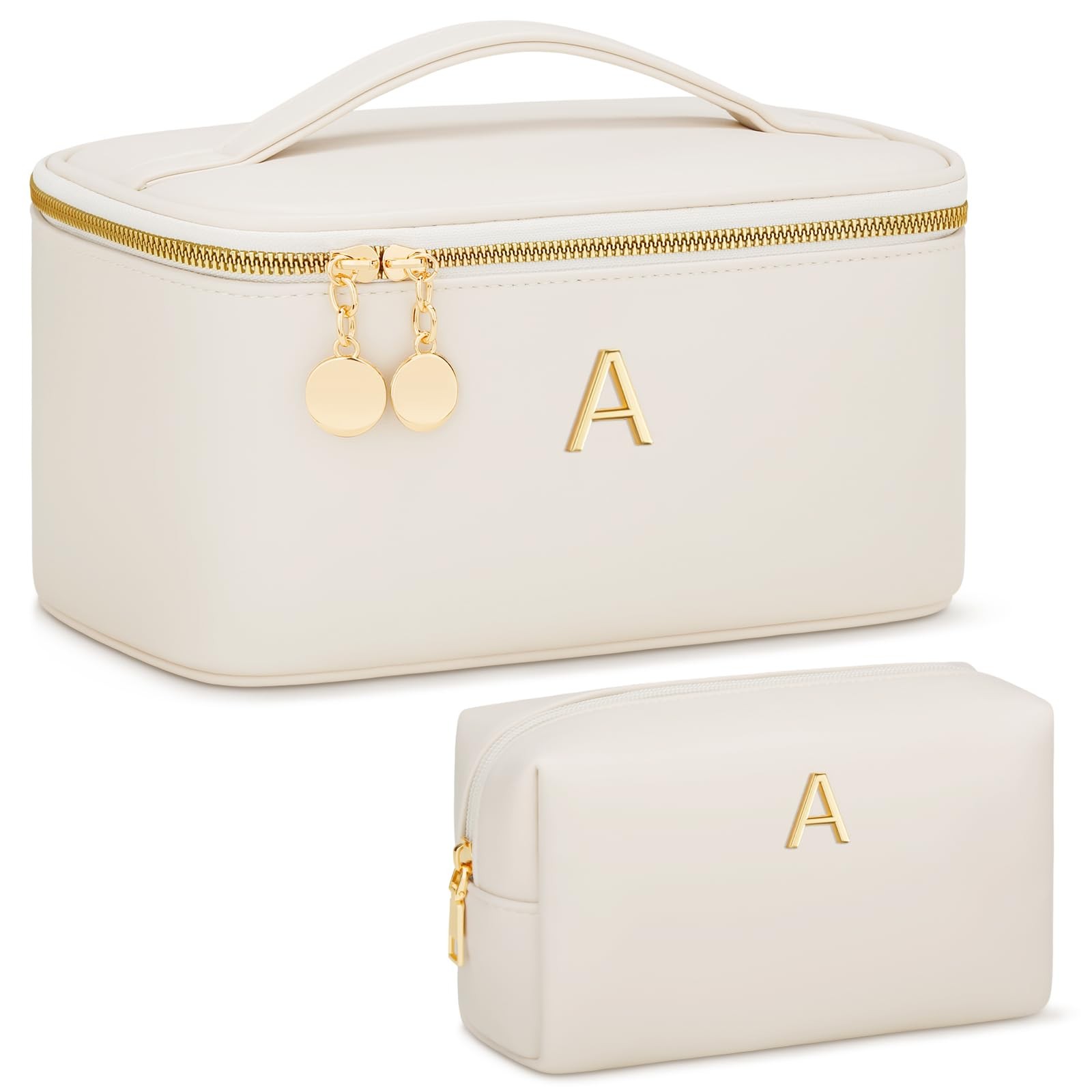 CLOUDWINGS Personalized Initial Makeup Bag Gifts 10 x 6.5 x 5 inches, Beige
