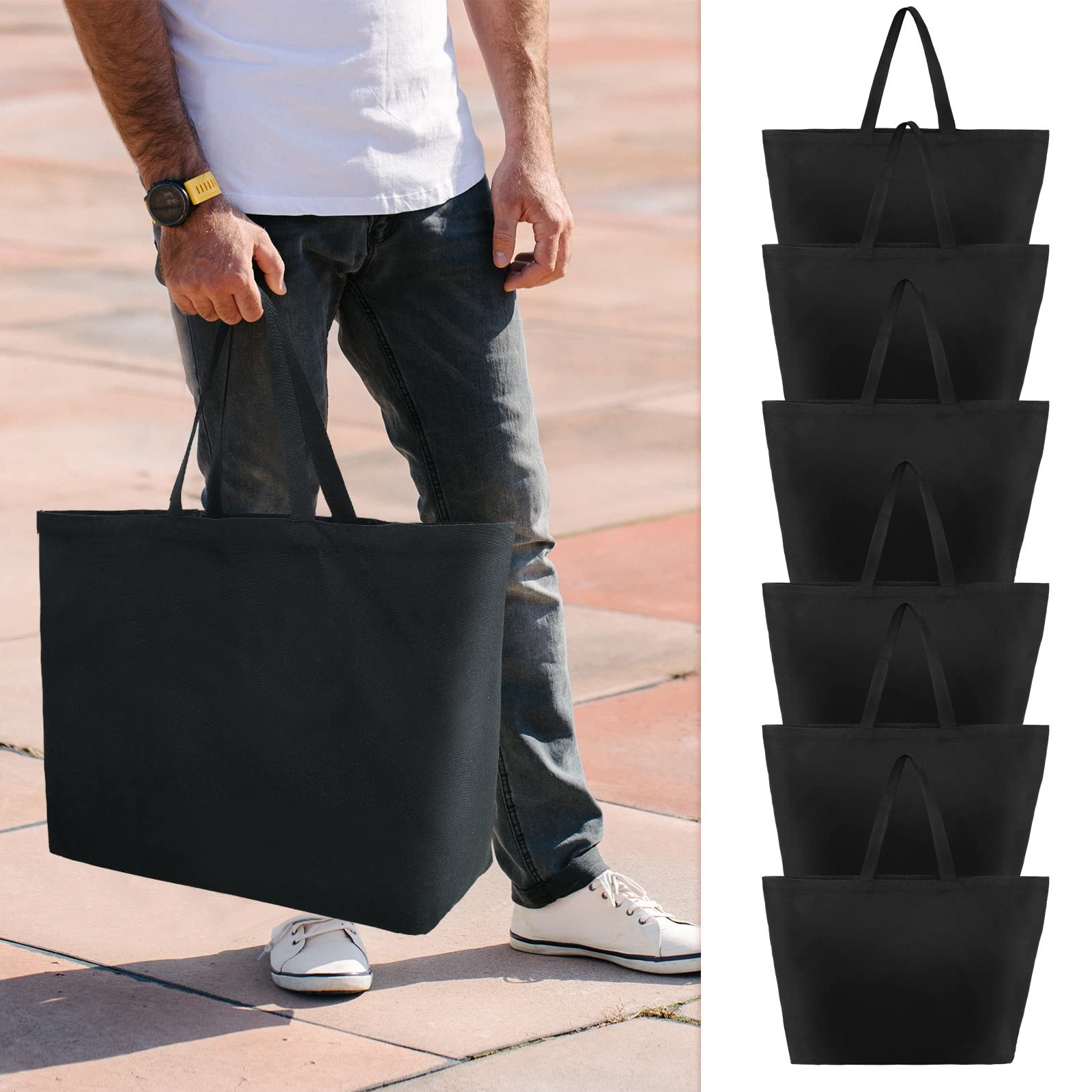6 Extra Large Canvas Tote Bags Black XL Heavy Duty Grocery Beach Totes 28 x 8…