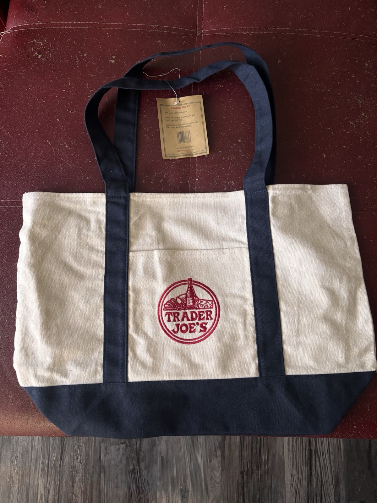 Trader Joe’s Reusable Tote Bag Foldable Cotton Polyester Beige Navy Blue