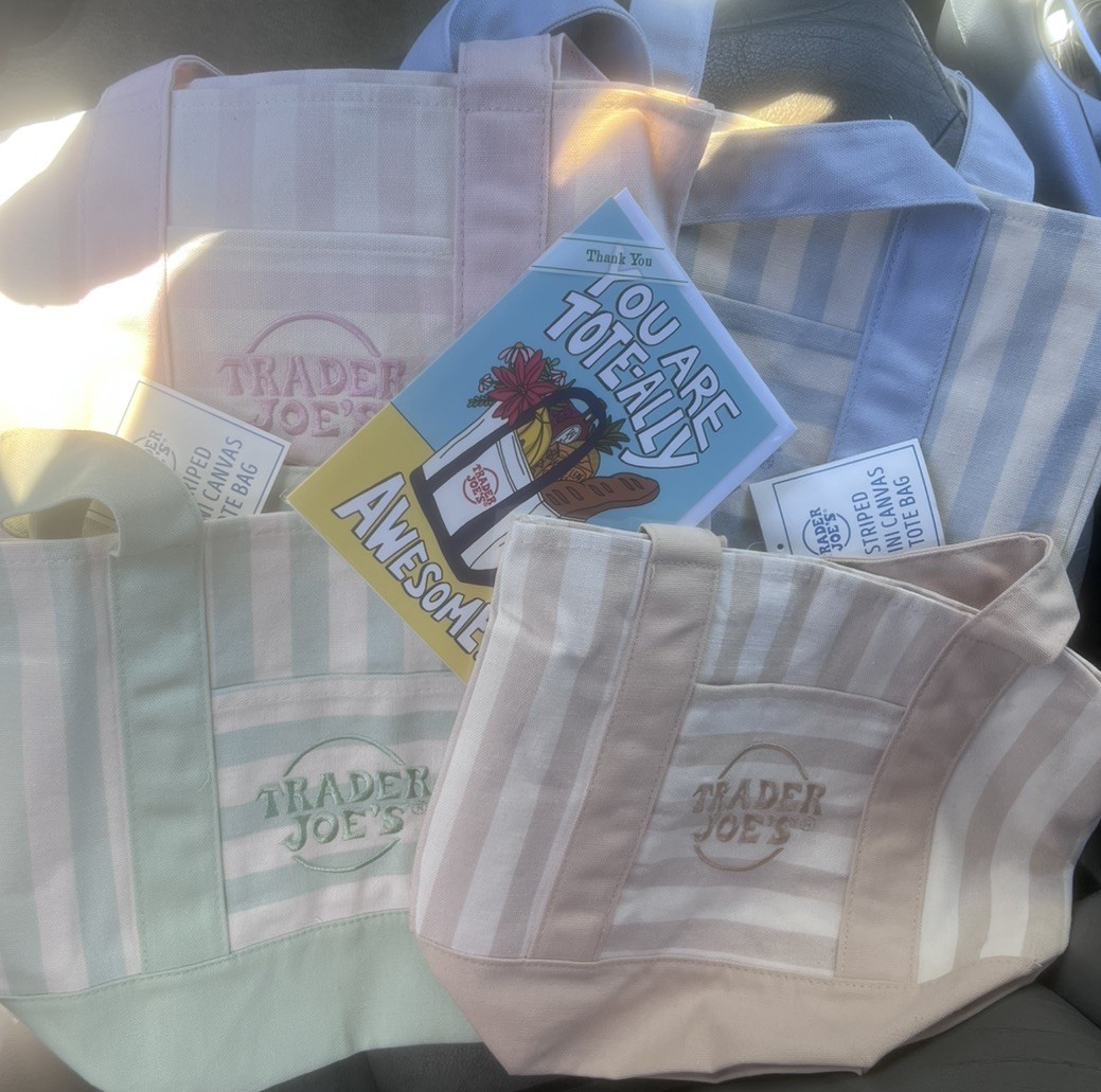TRADER JOE’S MINI PASTEL STRIPE CANVAS TOTE 4 BAGS PINK BLUE GREEN BEIGE & *CARD