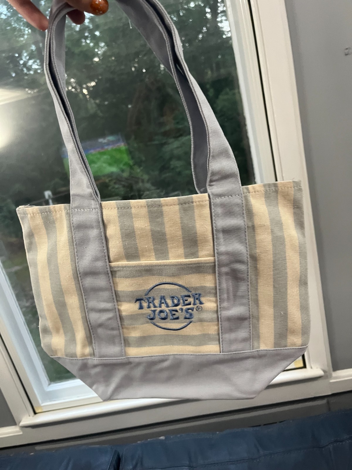 trader joe’s pastel striped mini tote bags 2 pack!!!! blue and beige!!!