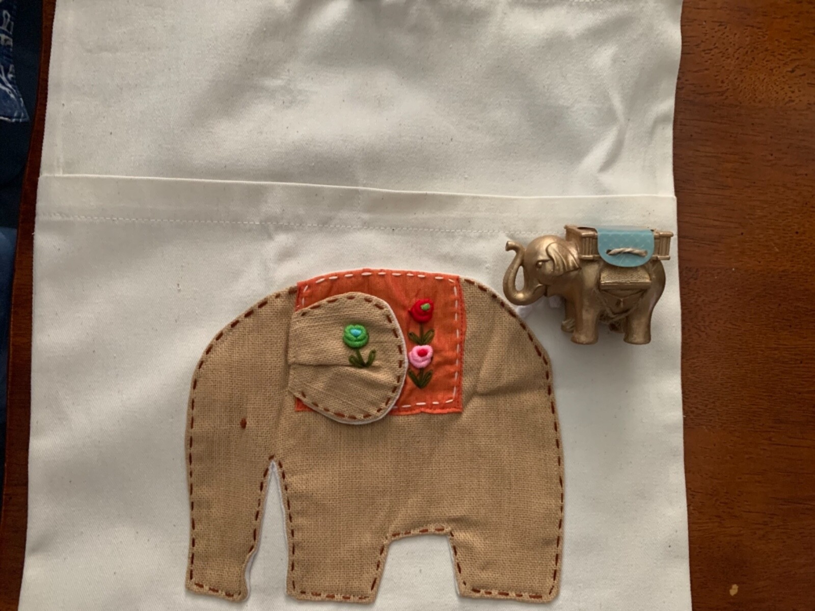 Artsy Cream BAG TOTE with patchwork Elephant + Kate Aspen Elephant candle. New