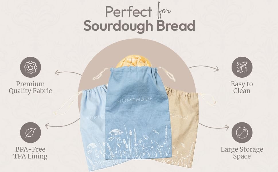 Reusable Bread Bags with Drawstring | XL Pack of 3 | Large, Striped Pattern