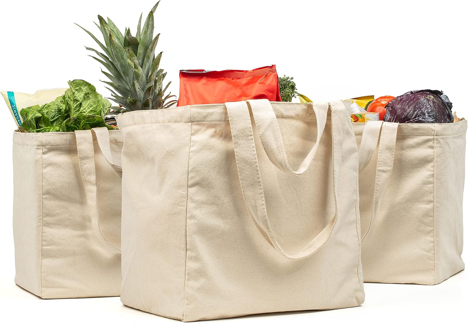 Canvas Grocery Bag 3Pc XL Set with Real Pockets, Long Shoulder Strap and Short H