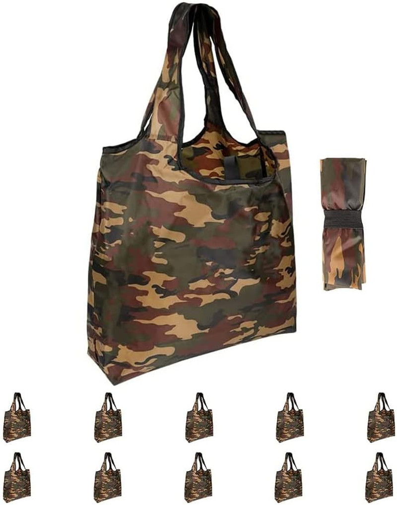 10 Pack 15×4.5×15 Inch Camo Reusable Shopping Bags with Handles Bulk, Foldable X