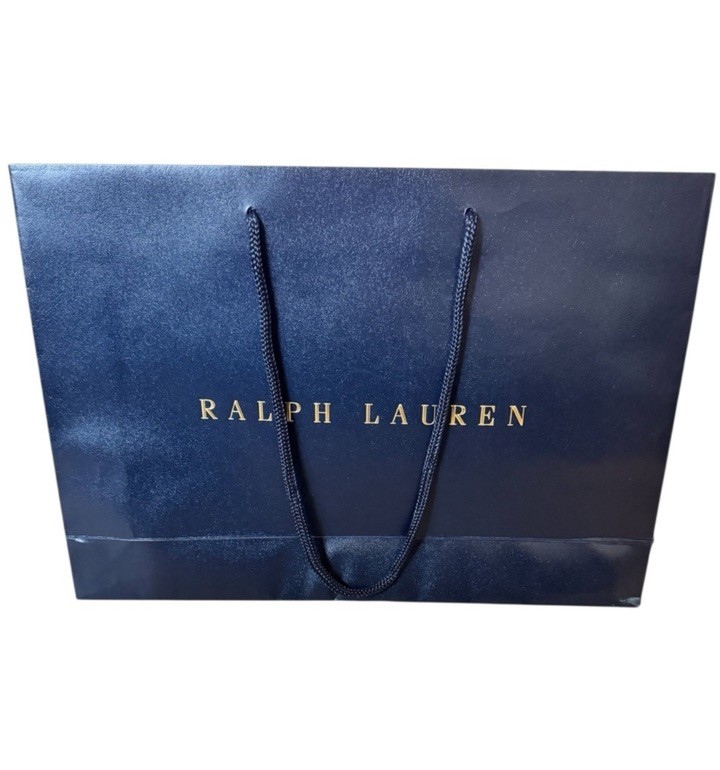 RALPH LAUREN Navy Gold Logo Paper Shopping 🎁tote Bag Medium 16” X 11” X 6”