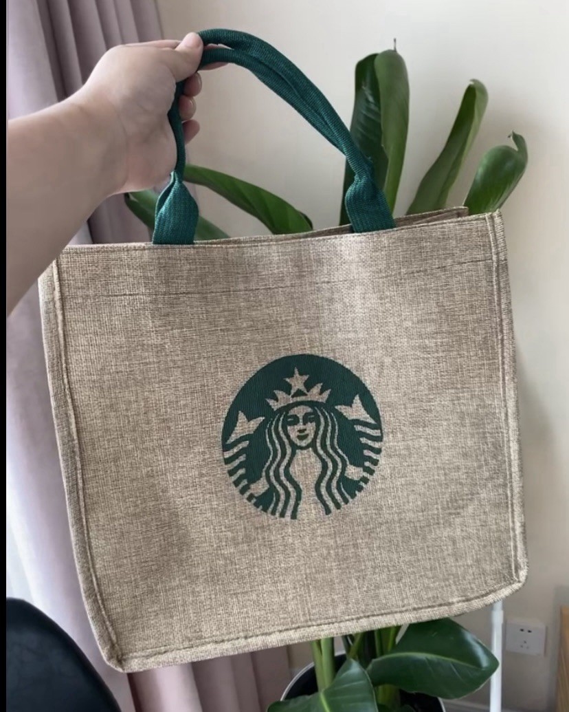 Starbucks Reusable Foldable Jute Shopping Bag Beige Green Handles Inner Pocket