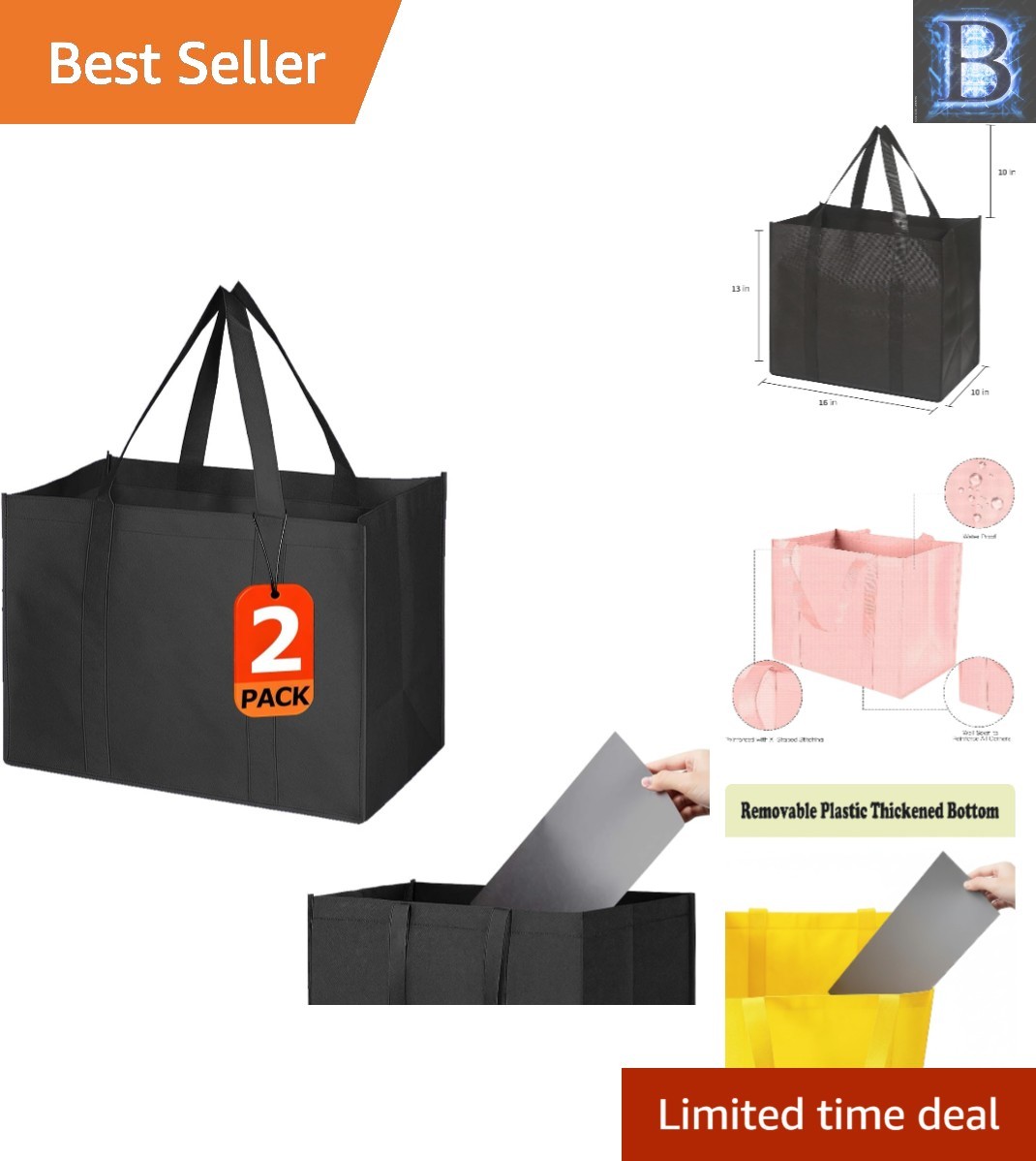 Durable Non-Woven 16″ Foldable Shopping Bags – 2 Pack, Reusable & Fashionable