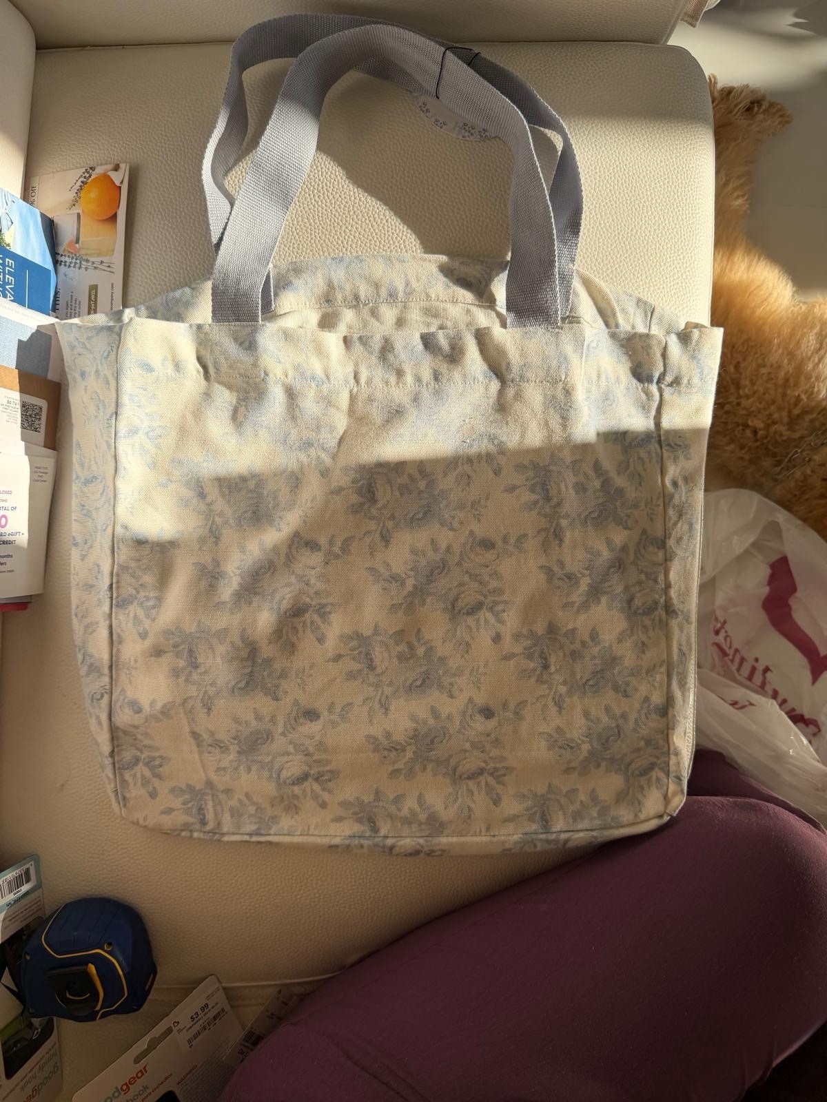 meadow + vine Eco-Friendly Floral Tote Bag Beige Blue Floral Pattern