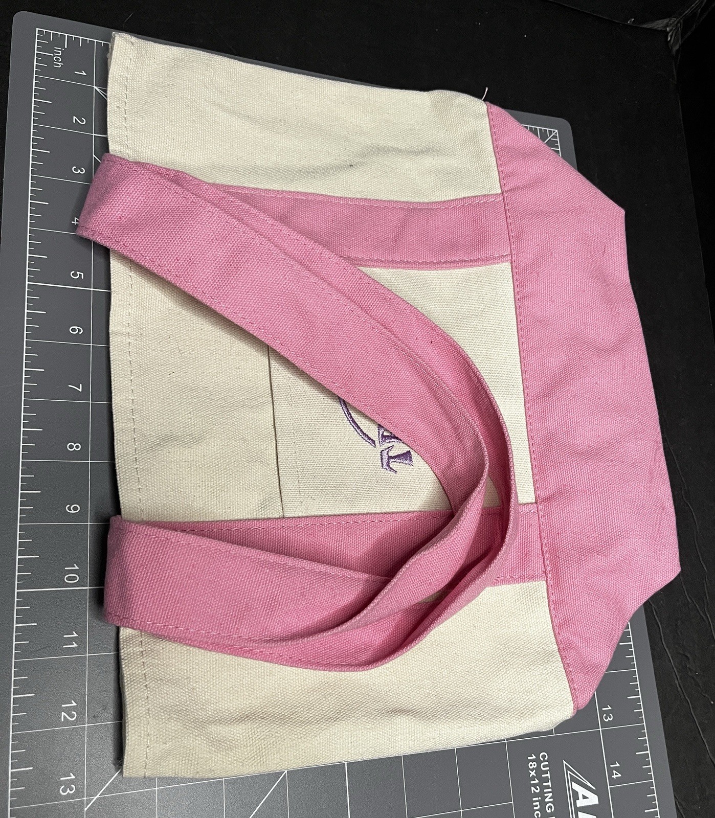 TRADER JOE’S Mini Pink Accented Canvas Tote Bag With Purple Lettering VGUC