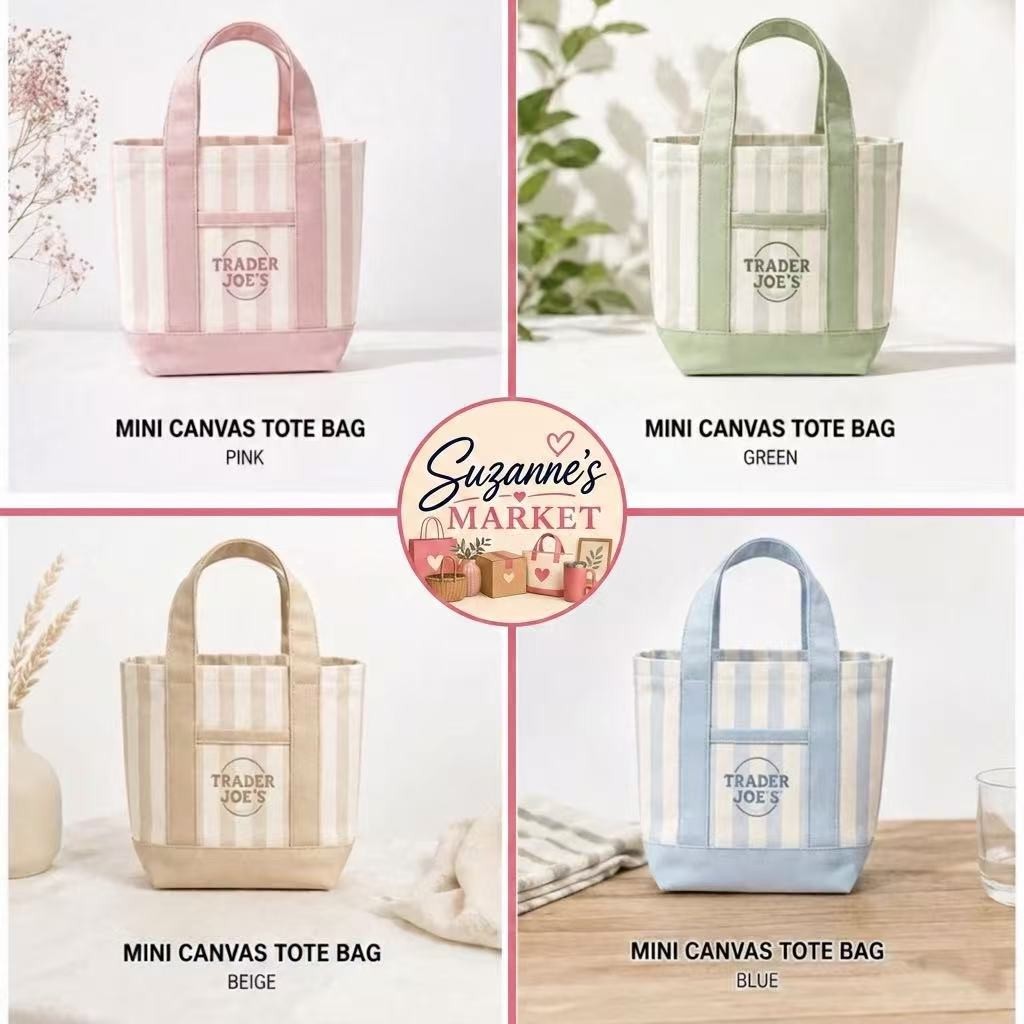 NEW TRADER JOE’S MINI PASTEL CANVAS TOTE BAGS SET OF 4 LIMITED EDITION ✅✨