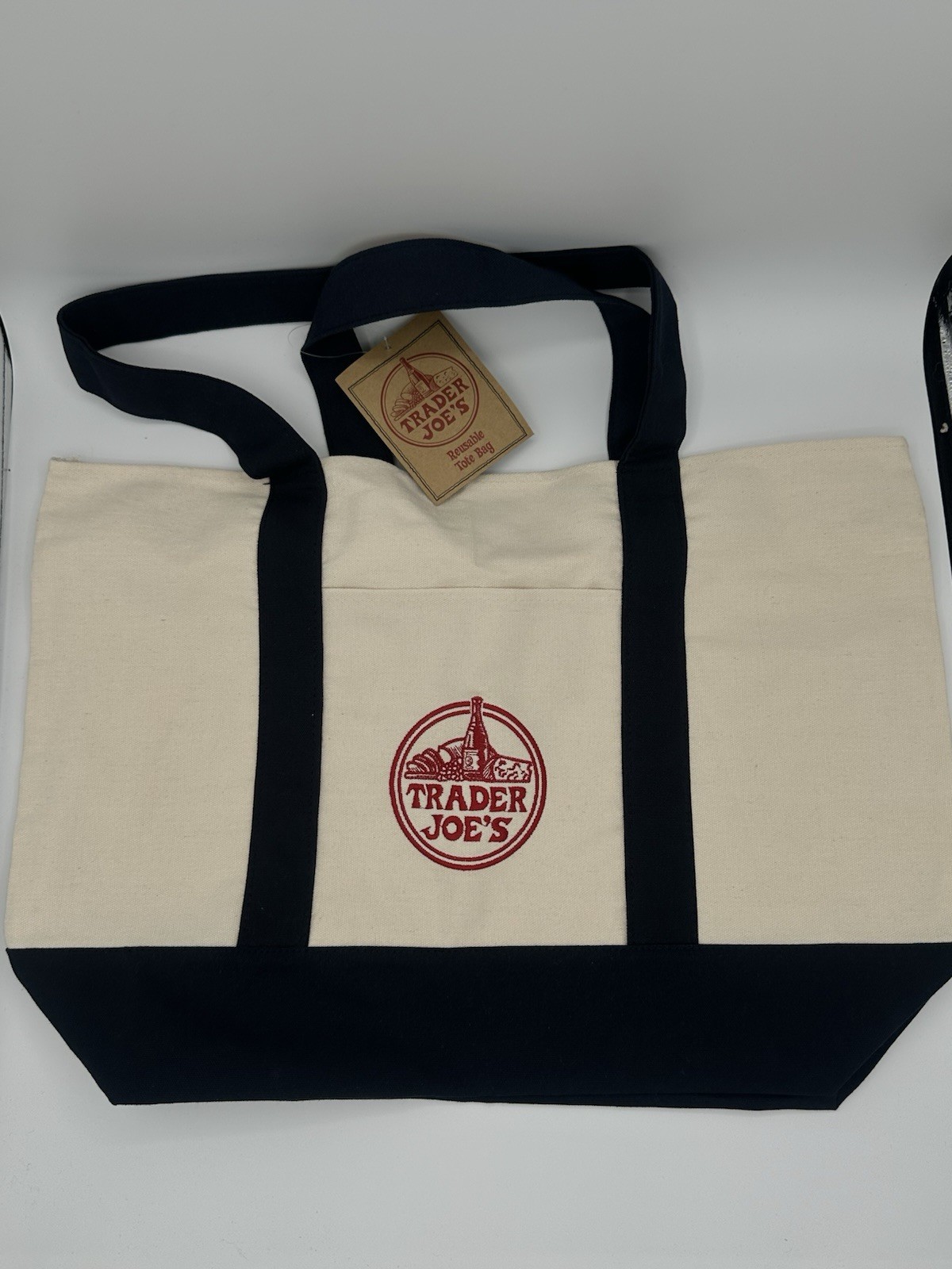 Trader Joe’s Canvas Reusable Tote Bag Navy & Cream NEW With Tag