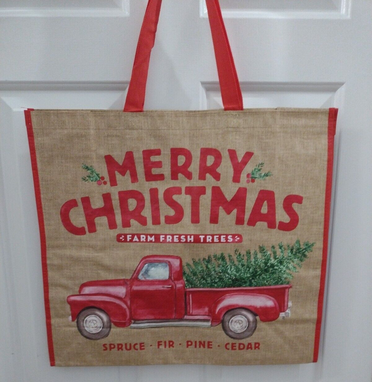 TJ Maxx Shopping Bag Merry Christmas Farm Fresh Trees Red Pick Up Truck Print